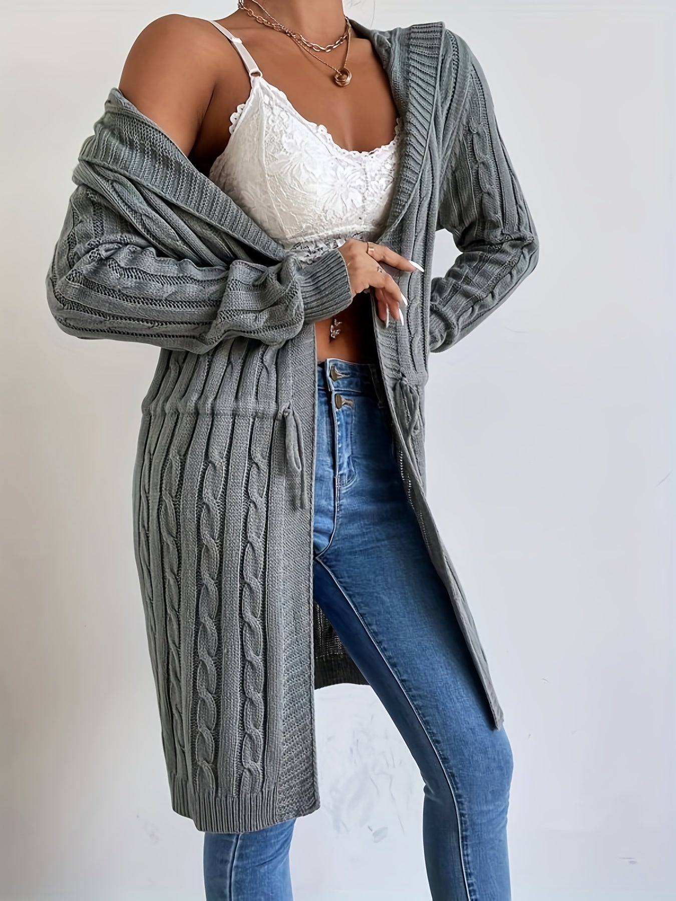 Cozy Chic Drawstring Waist Hooded Cardigan - Soft, Casual, Open Front, Long Sleeve, Relaxed Fit, Women's Clothing for Everyday Wear